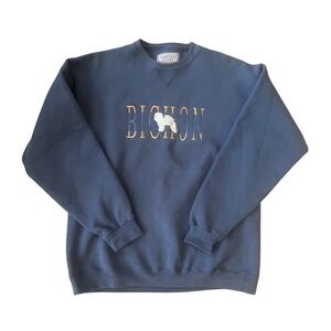 Bichon Frise Women's Embroidered Crewneck Sweatshirt Blue Heavyweight- Size L